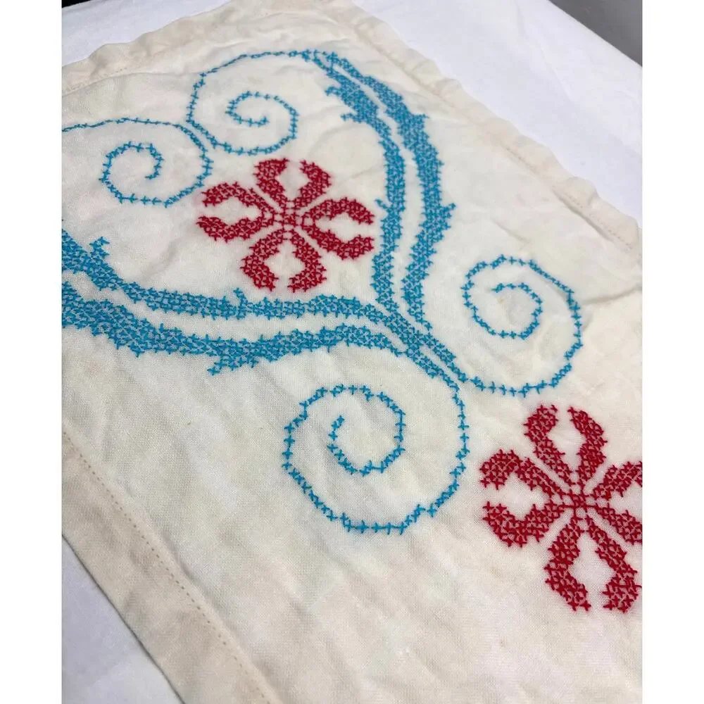 Vintage Off White Linen Cross Stitched Table Runner Blue Red Flowers